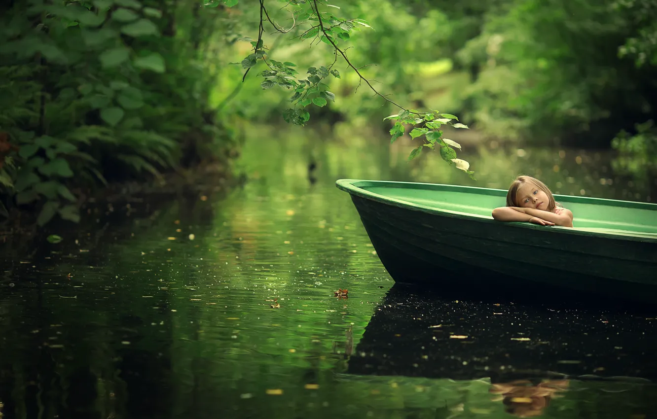 Photo wallpaper summer, leaves, branches, nature, boat, girl, child, pond