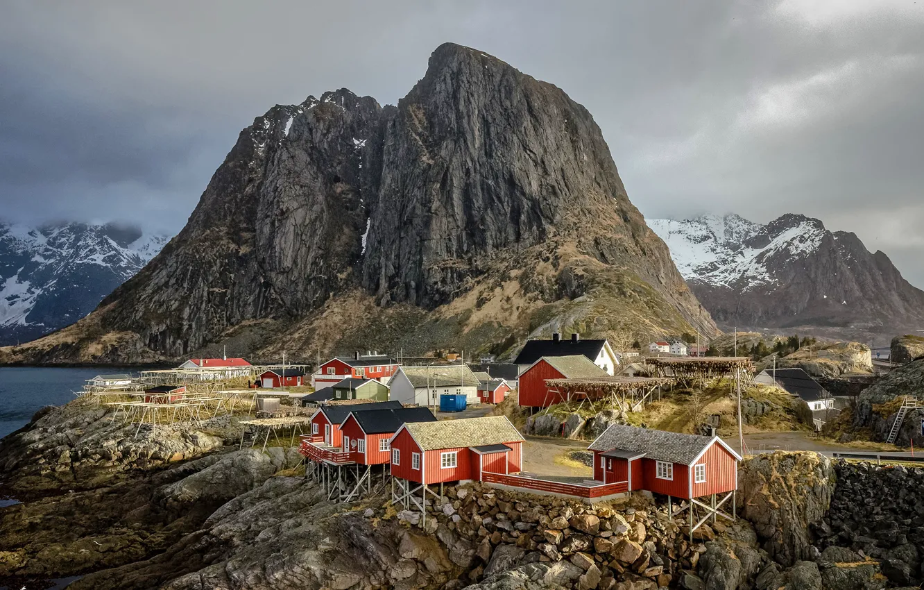 Photo wallpaper mountains, stones, rocks, shore, Norway, Bay, houses, The Lofoten Islands