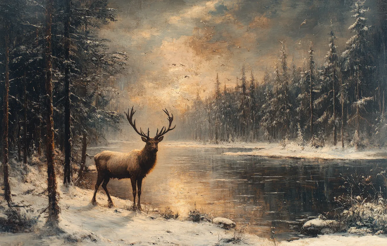Photo wallpaper winter, water, snow, trees, river, deer, art, digital art