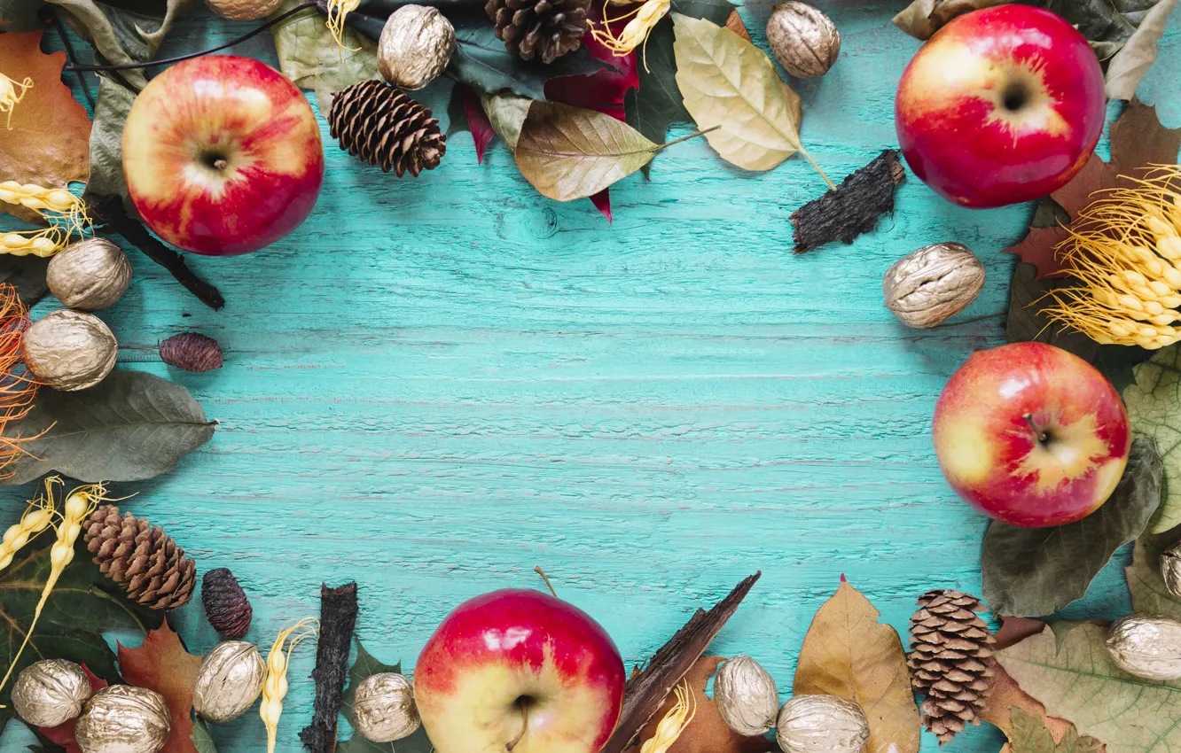 Photo wallpaper autumn, leaves, background, tree, apples, colorful, nuts, bumps
