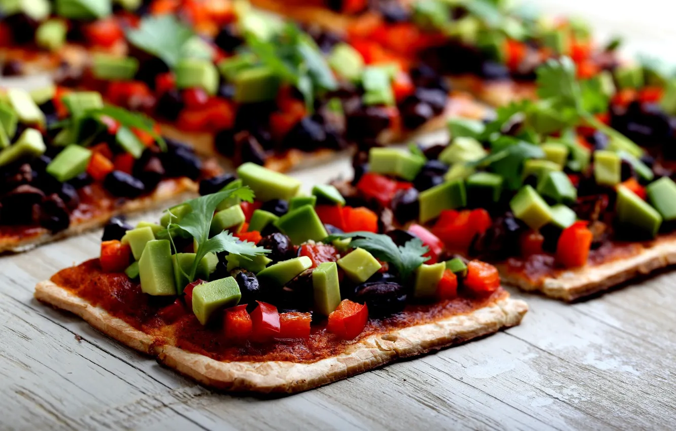 Photo wallpaper vegetables, pizza, wood, olives, filling