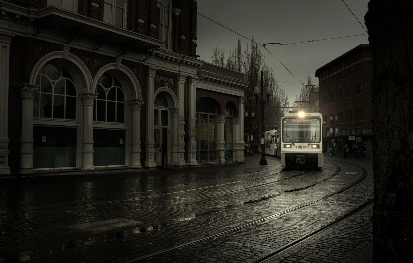 Photo wallpaper travel, rain, street, train, Portland, rain, street, train