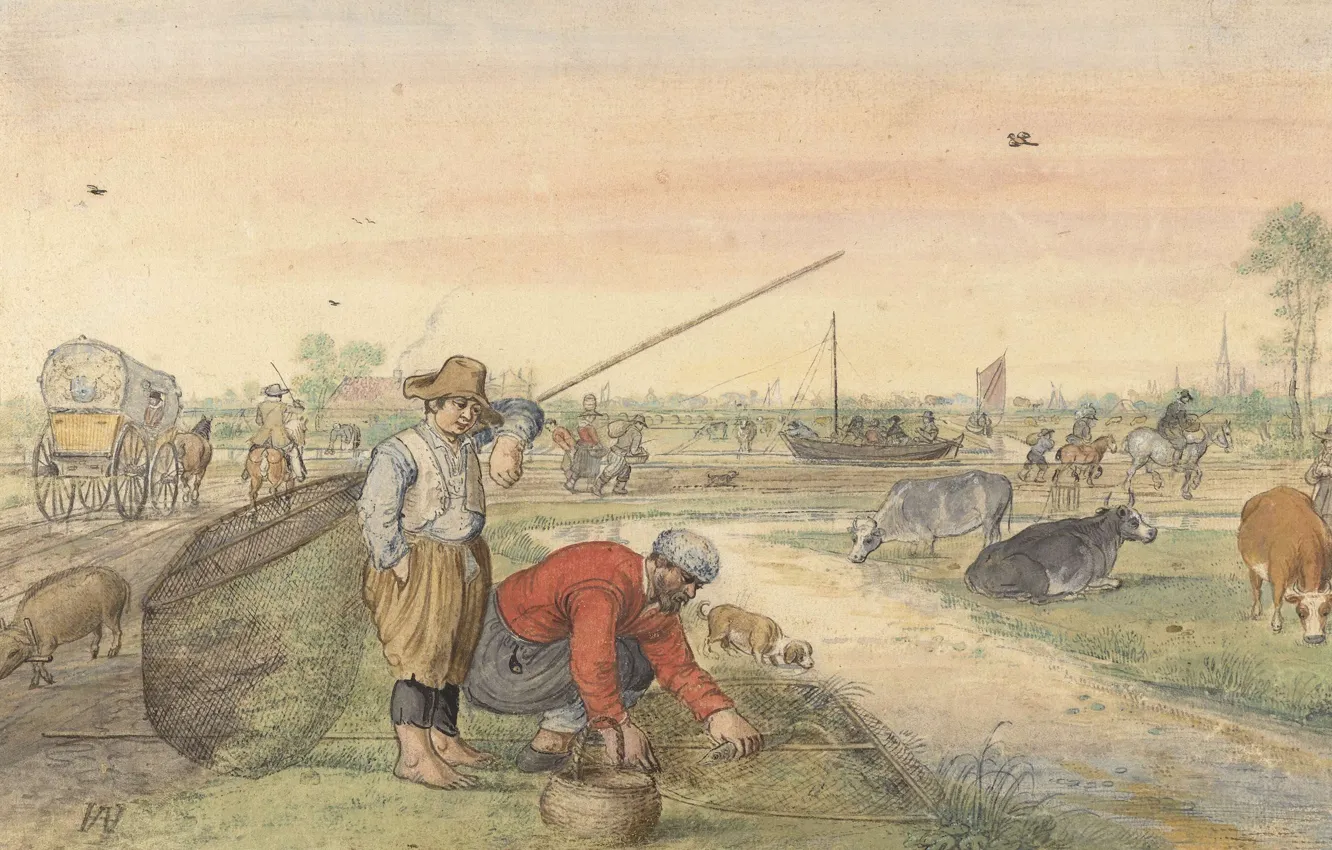 Photo wallpaper figure, Hendrick Avercamp, Hendrick Avercamp, 1595, Fishermen with nets along the path