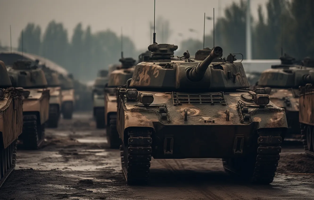 Photo wallpaper tank, columns, digital art, AI art, The Art of Artificial Intelligence, War and conflict zone, …