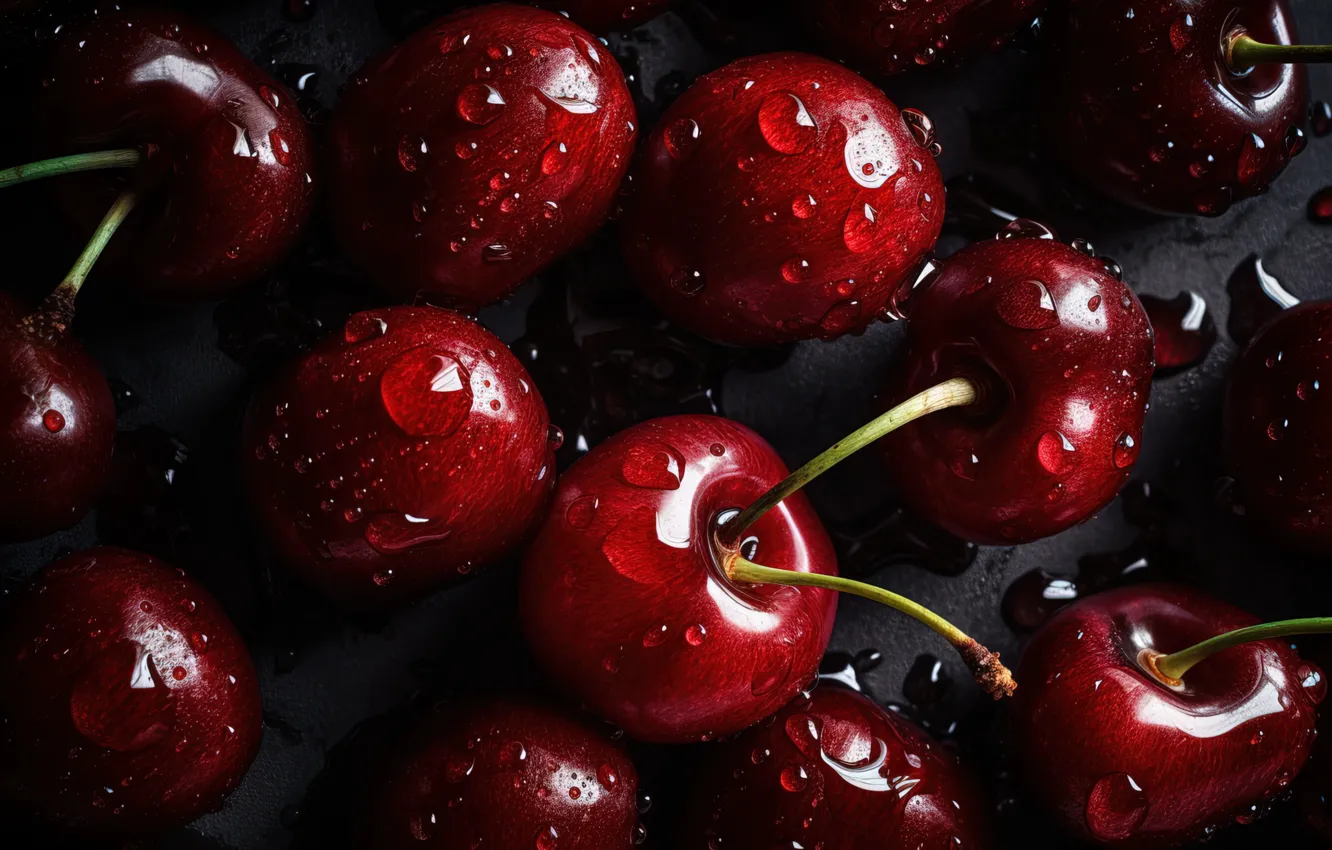 Photo wallpaper drops, macro, cherry, berries, the dark background, moisture, cherry, digital art