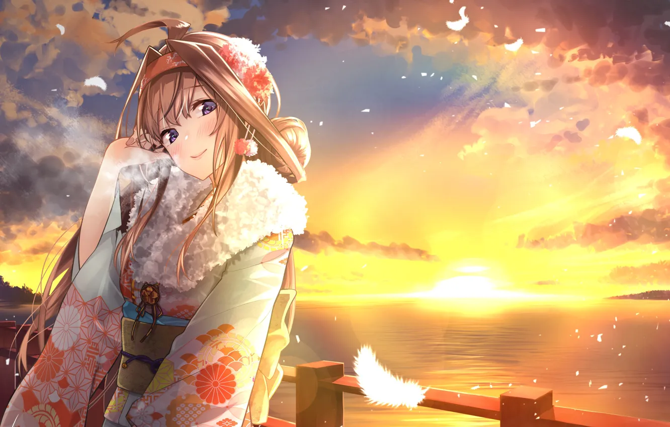 Photo wallpaper sea, sunset, feathers, horizon, fur, red, kimono, art