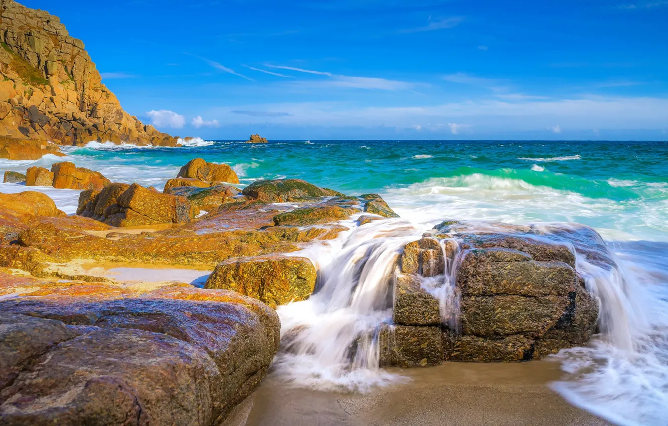 Photo wallpaper stones, the ocean, rocks, coast, England, England, Cornwall, Cornwall