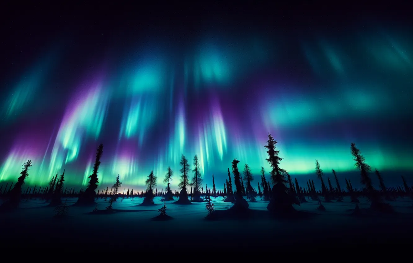 Photo wallpaper forest, Aurora, sky, night