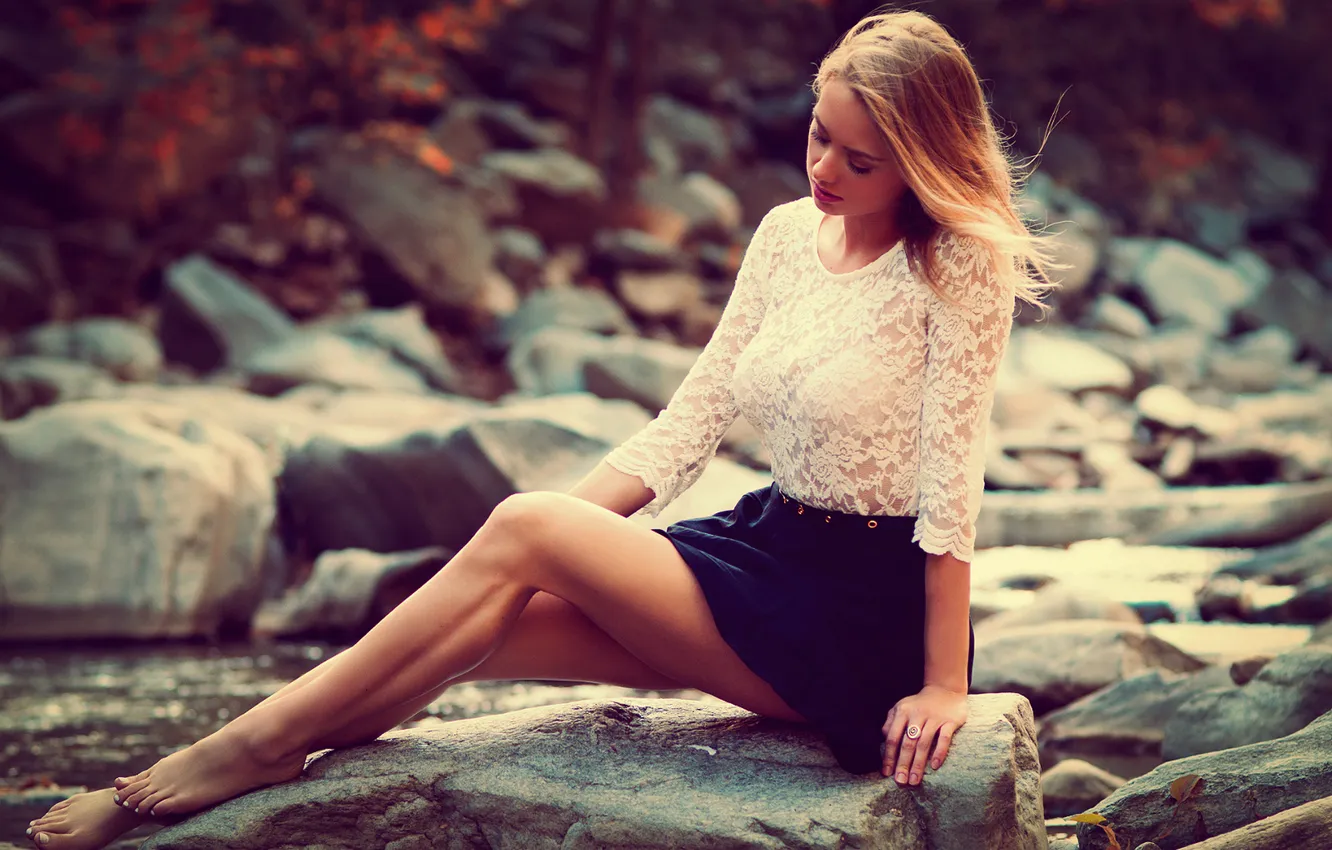 Photo wallpaper stones, skirt, Girl, blonde, blouse, sitting