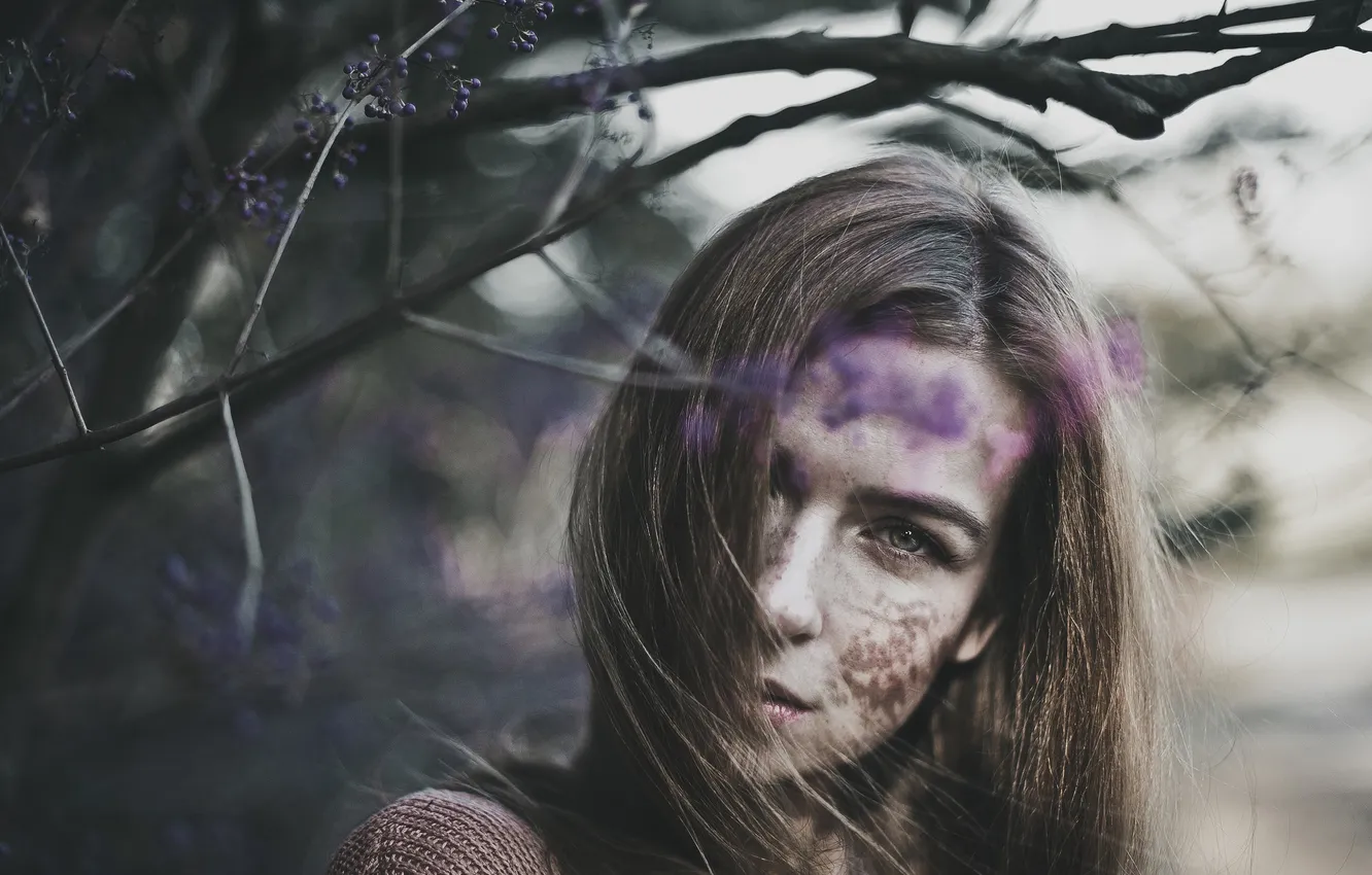 Photo wallpaper girl, branches, face, portrait
