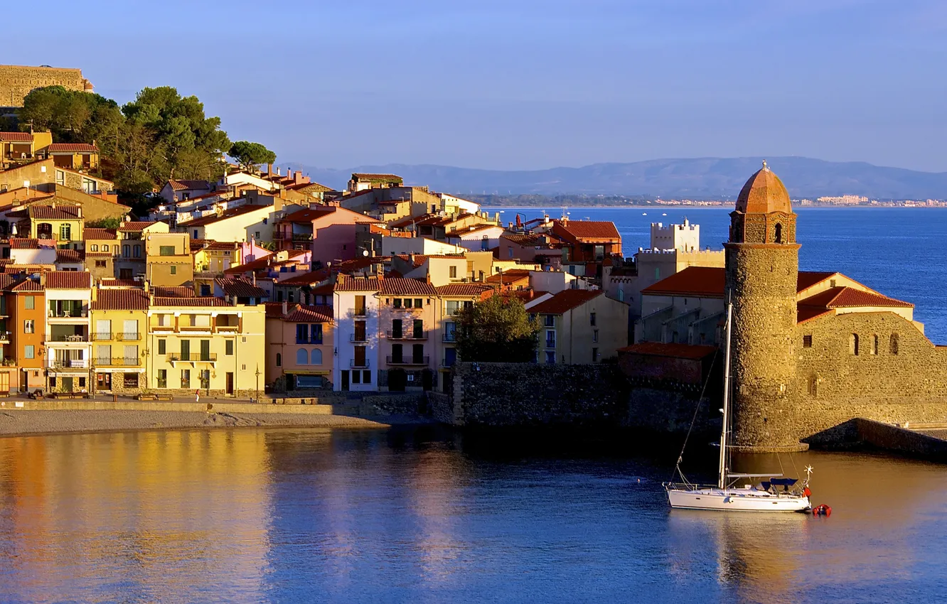 Photo wallpaper sea, coast, France, home, yacht, Collioure