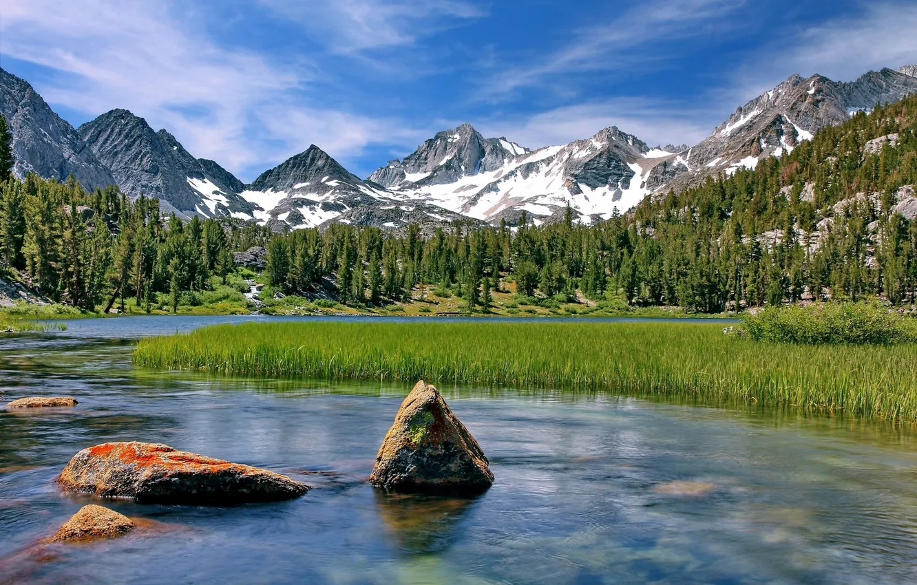 Photo wallpaper mountains, lake, stones, CA, reed, California, Little Lakes Valley, Heart Lake