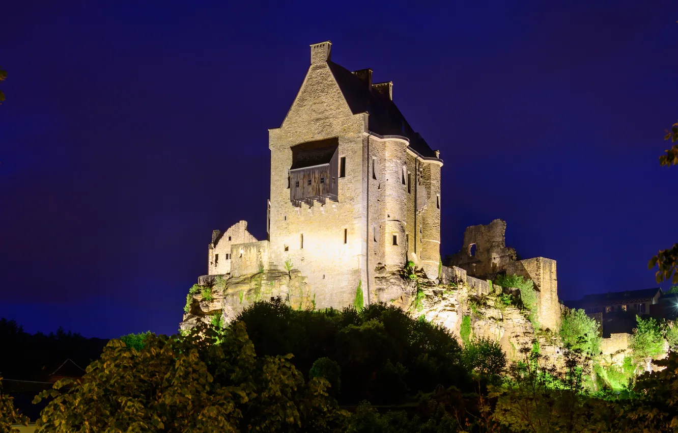 Photo wallpaper trees, night, stones, castle, lighting, lights, the ruins, Luxembourg