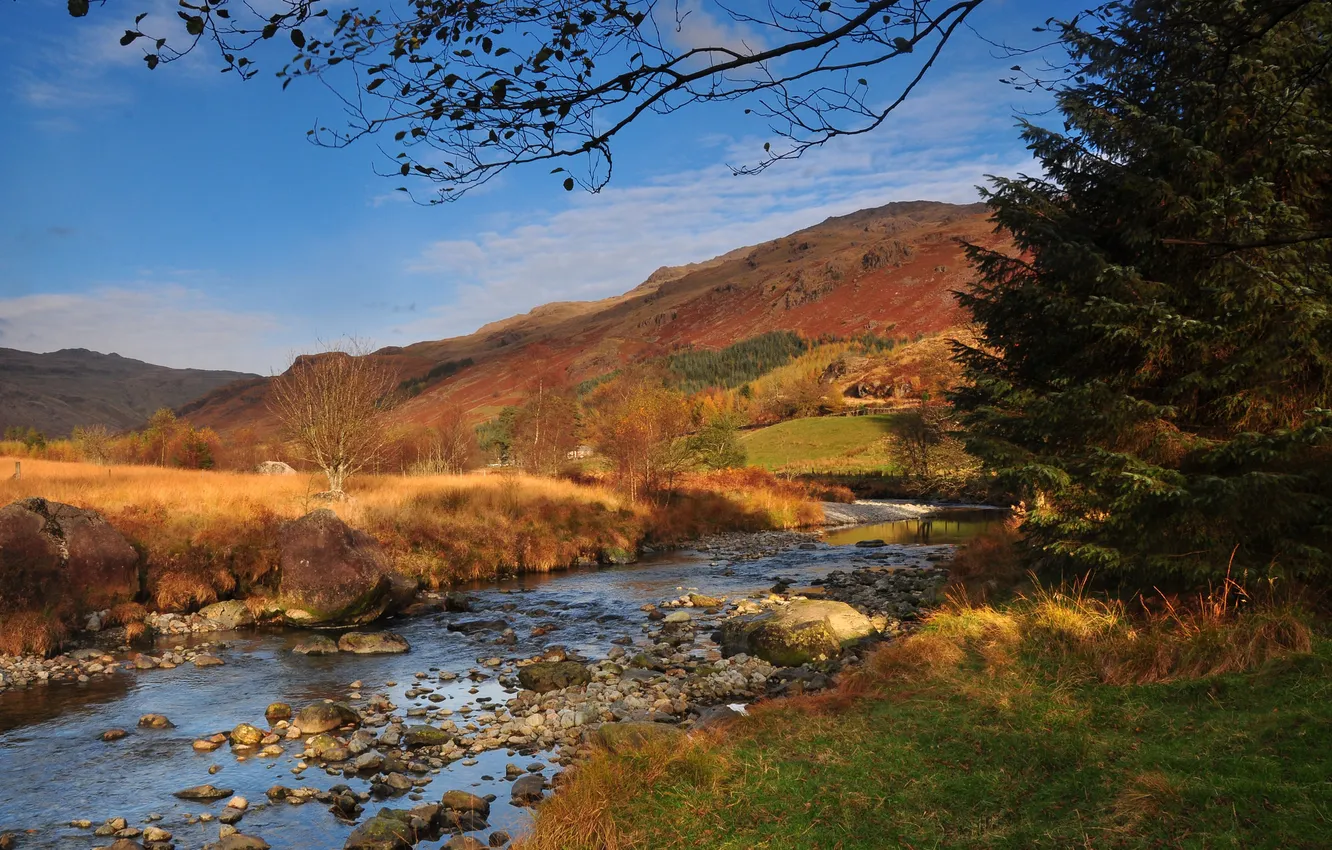 Photo wallpaper autumn, the sky, grass, clouds, trees, mountains, river, stones