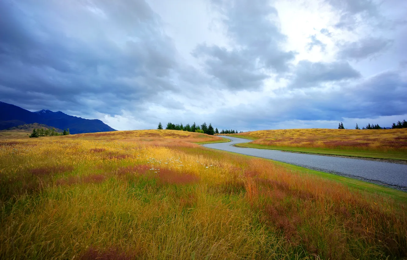 Photo wallpaper road, autumn, the sky, clouds, mountains, the steppe