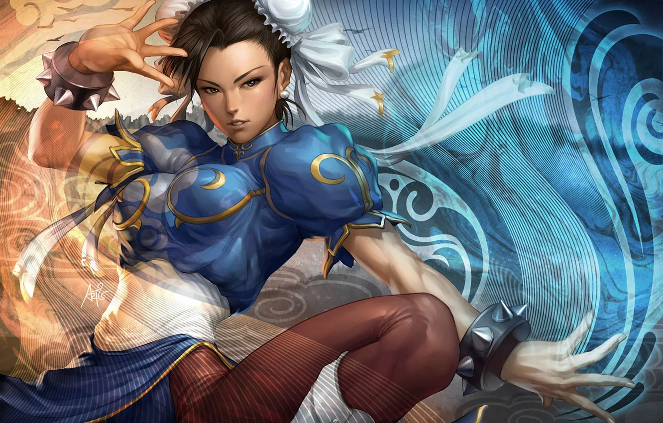Photo wallpaper girl, abstraction, tape, bracelet, stand, Street Fighter, Chun-Li, qipao