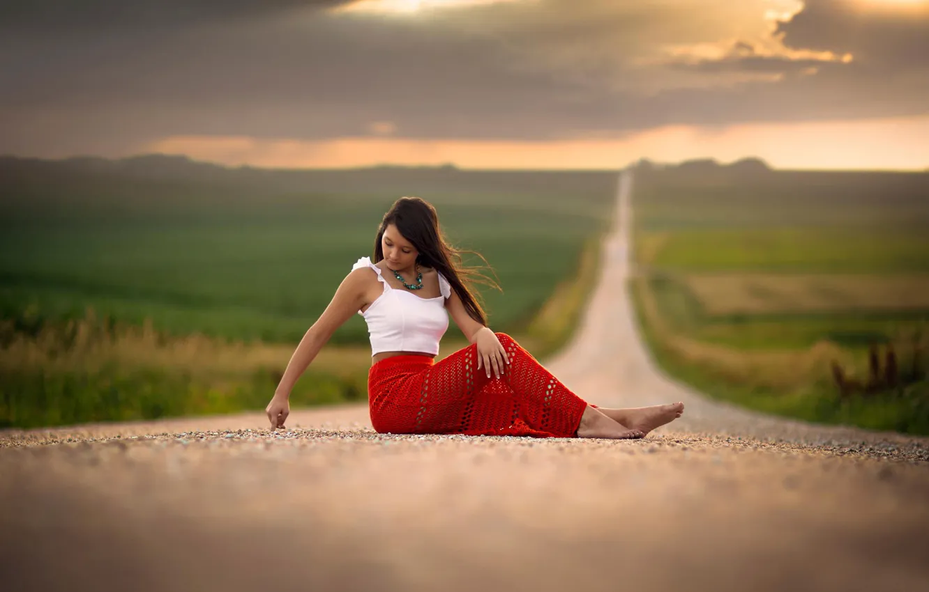 Photo wallpaper road, girl, space, bokeh, barefoot