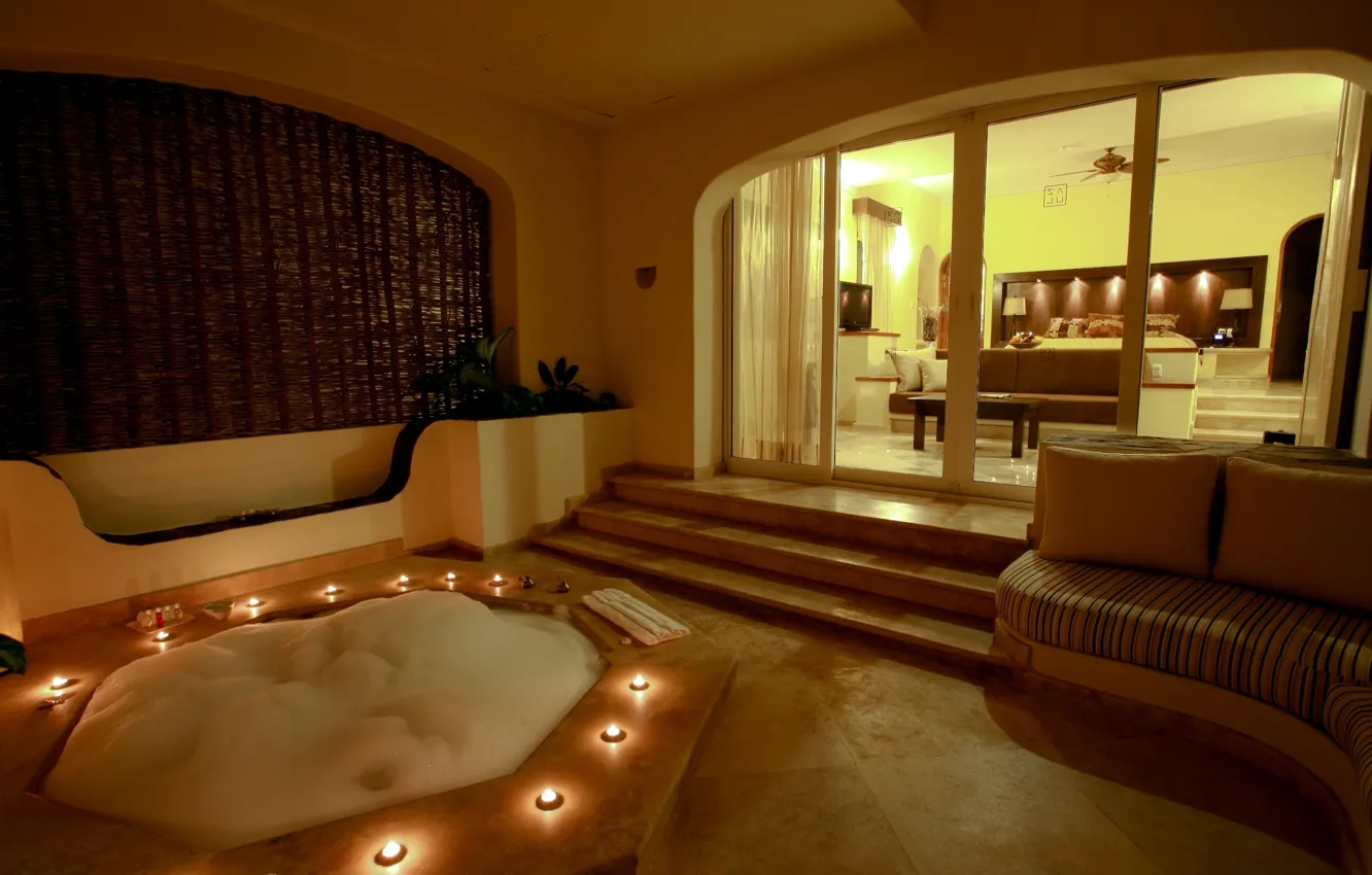 Photo wallpaper sofa, bed, pillow, TV, bath, design, bedroom, modern