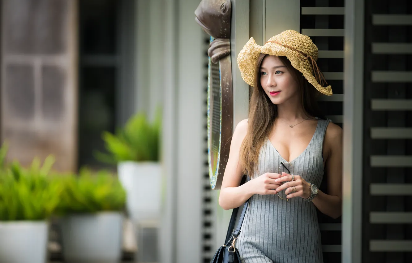 Photo wallpaper girl, smile, hat, dress, Asian, cutie, bokeh