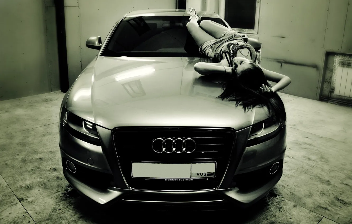Photo wallpaper auto, girl, Audi, lies on the hood