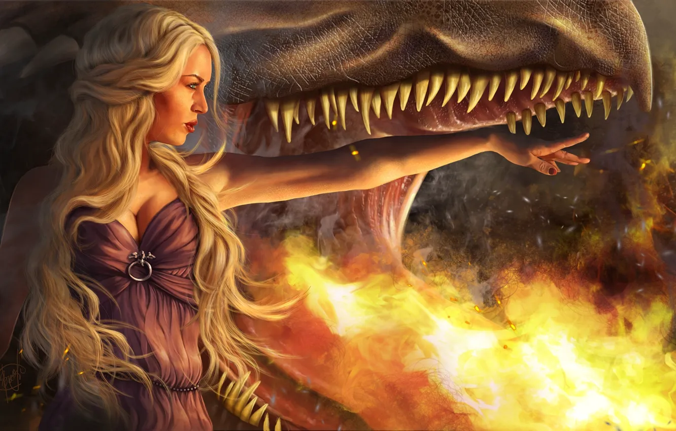 Photo wallpaper girl, flame, dragon, mouth, blonde, Game Of Thrones, Game of Thrones, Daenerys Targaryen