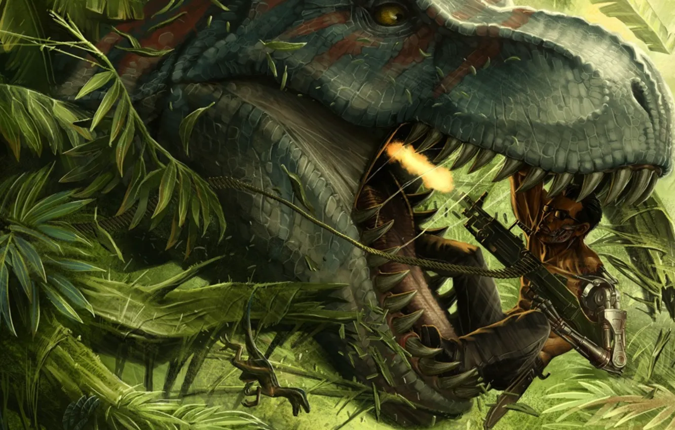 Photo wallpaper lights, weapons, people, robot, dinosaur, teeth, head, mouth