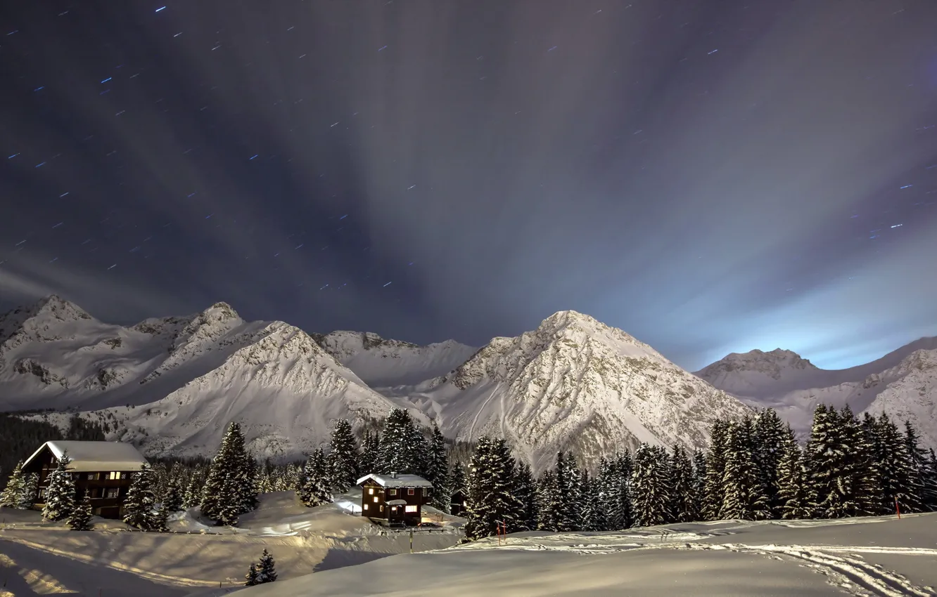 Photo wallpaper winter, mountains, night, home