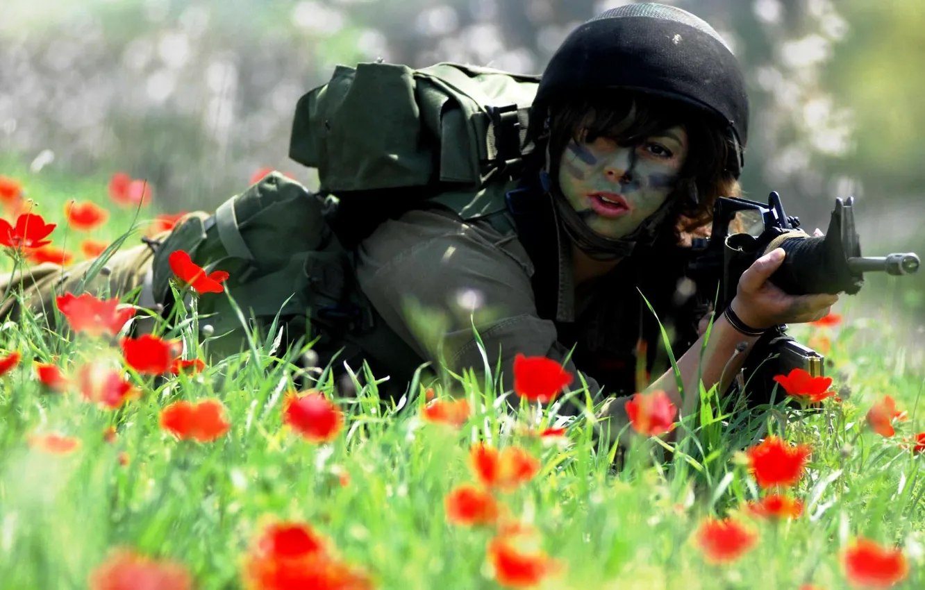 Photo wallpaper grass, girl, flowers, red, Maki, soldiers, form, uniform