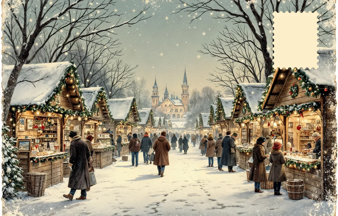 Photo wallpaper winter, road, balls, snow, trees, branches, the city, castle