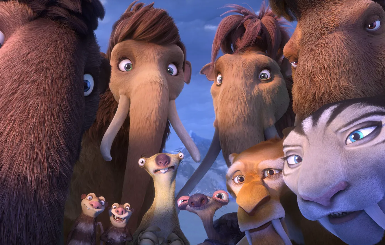 Photo wallpaper cartoon, sloth, mammoth, characters, Ice Age: Collision Course, Ice age: a Collision is imminent, Saber-toothed …