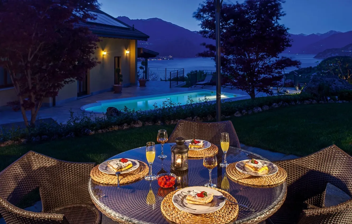 Photo wallpaper mountains, the evening, lighting, Italy, twilight, table, terrace, dinner