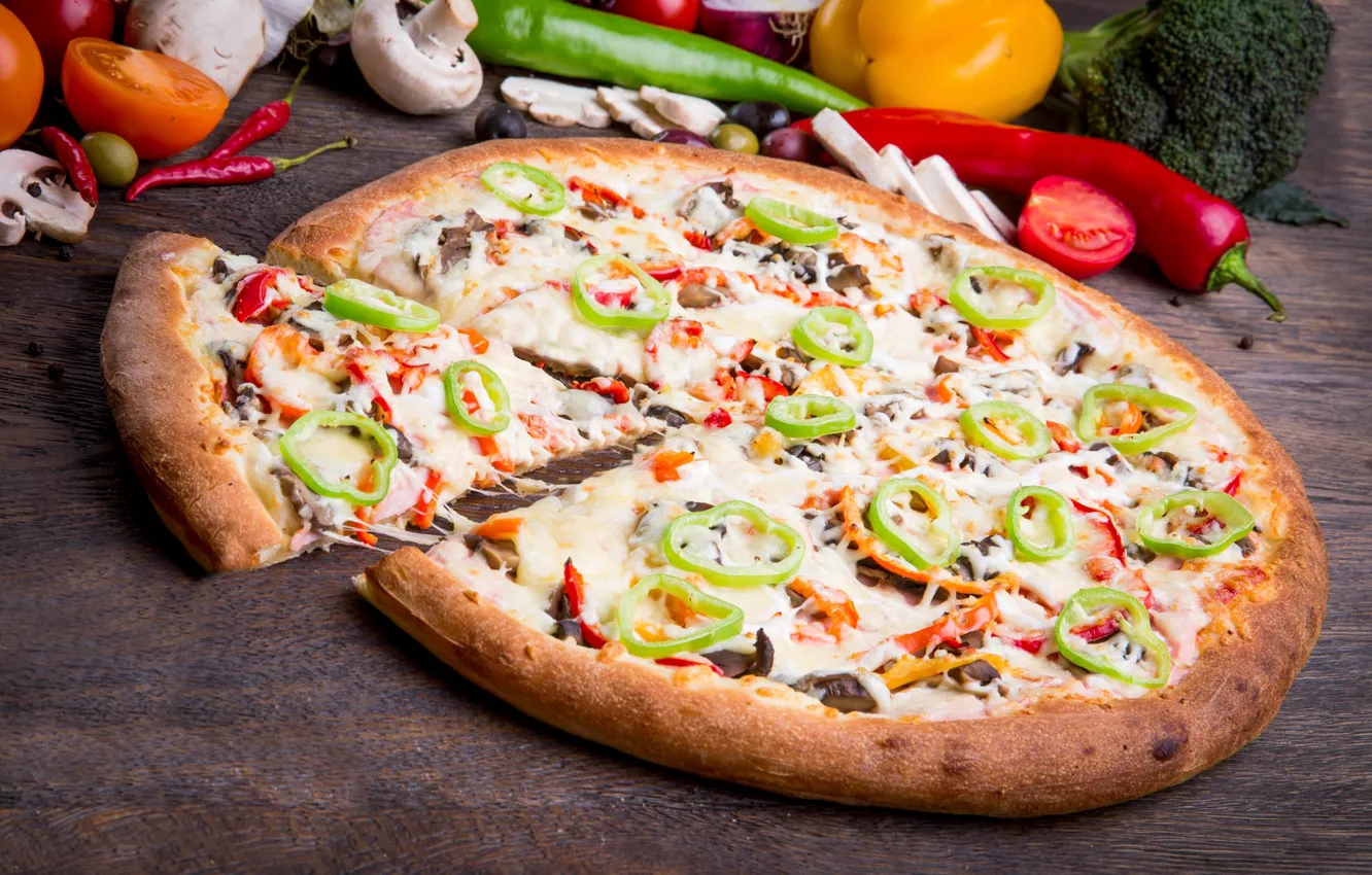 Photo wallpaper cheese, pepper, vegetables, pizza