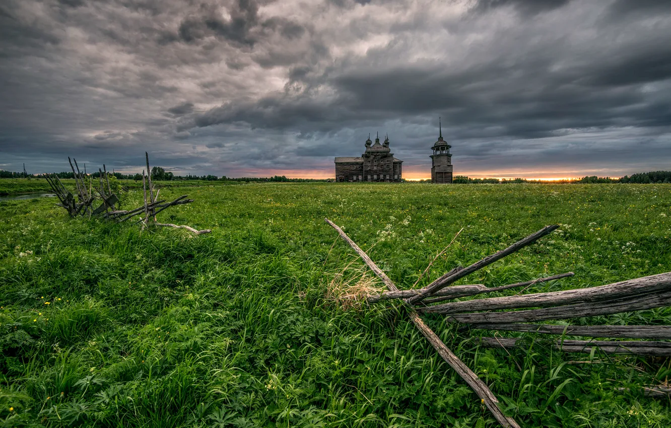Photo wallpaper village, Church of the Transfiguration, Transformation forgotten, The Onega district, Arkhangelsk region, Nimenga