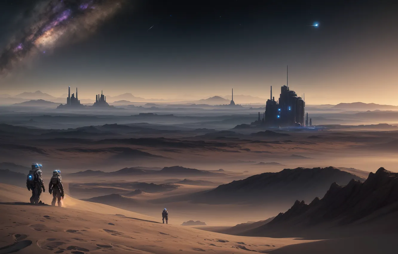 Photo wallpaper twilight, desert, landscape, art, fantastic, colony, digital art, futuristic