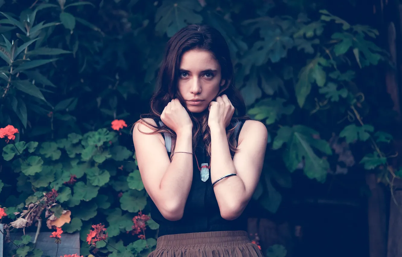 Photo wallpaper greens, look, leaves, flowers, pose, background, model, skirt