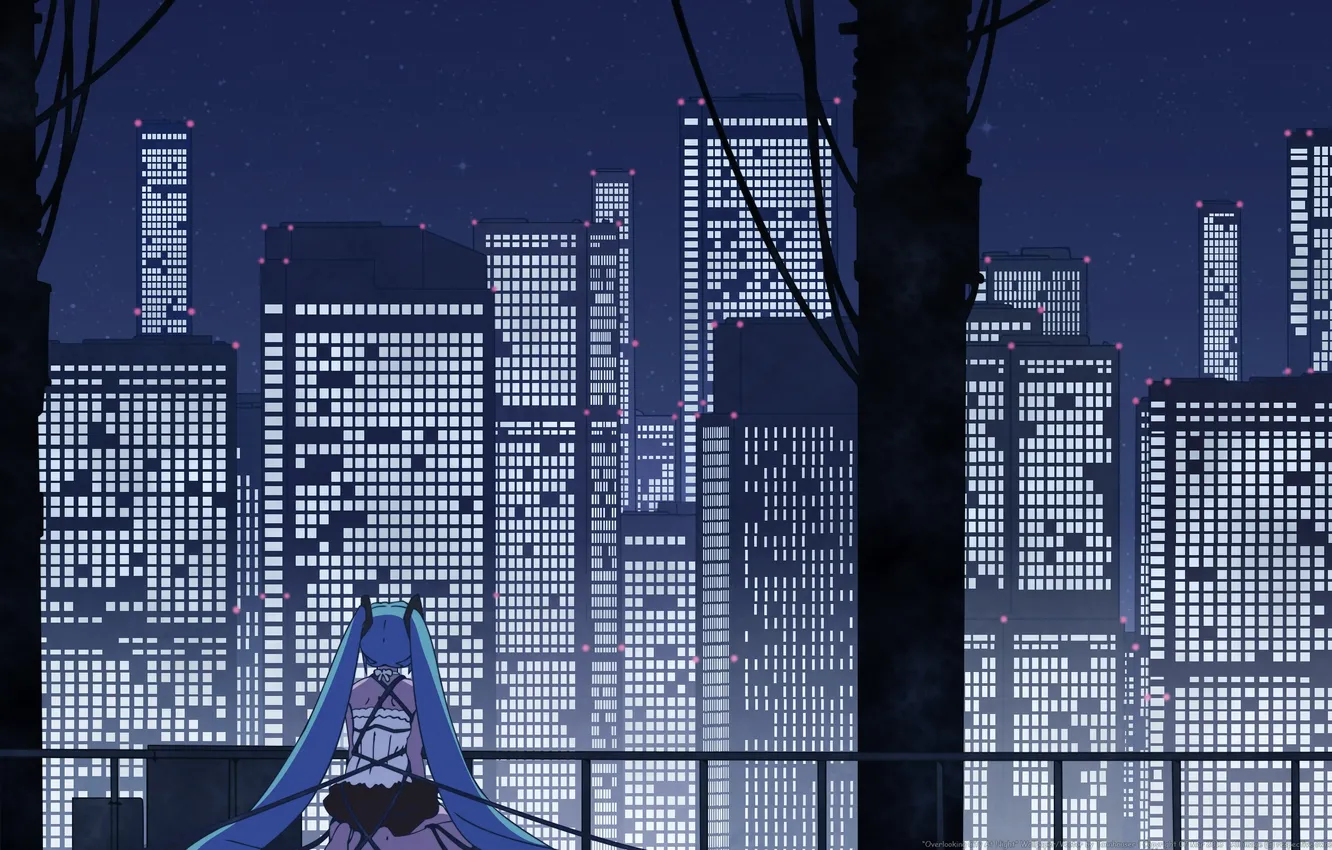 Photo wallpaper girl, stars, night, the city, lights, home, art, vocaloid