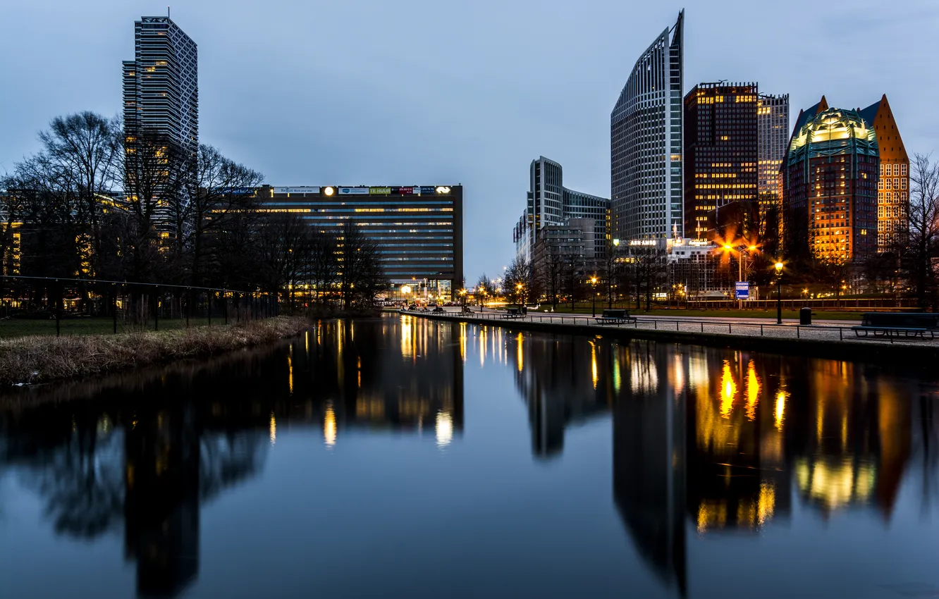 Photo wallpaper light, trees, bench, river, building, light, river, trees