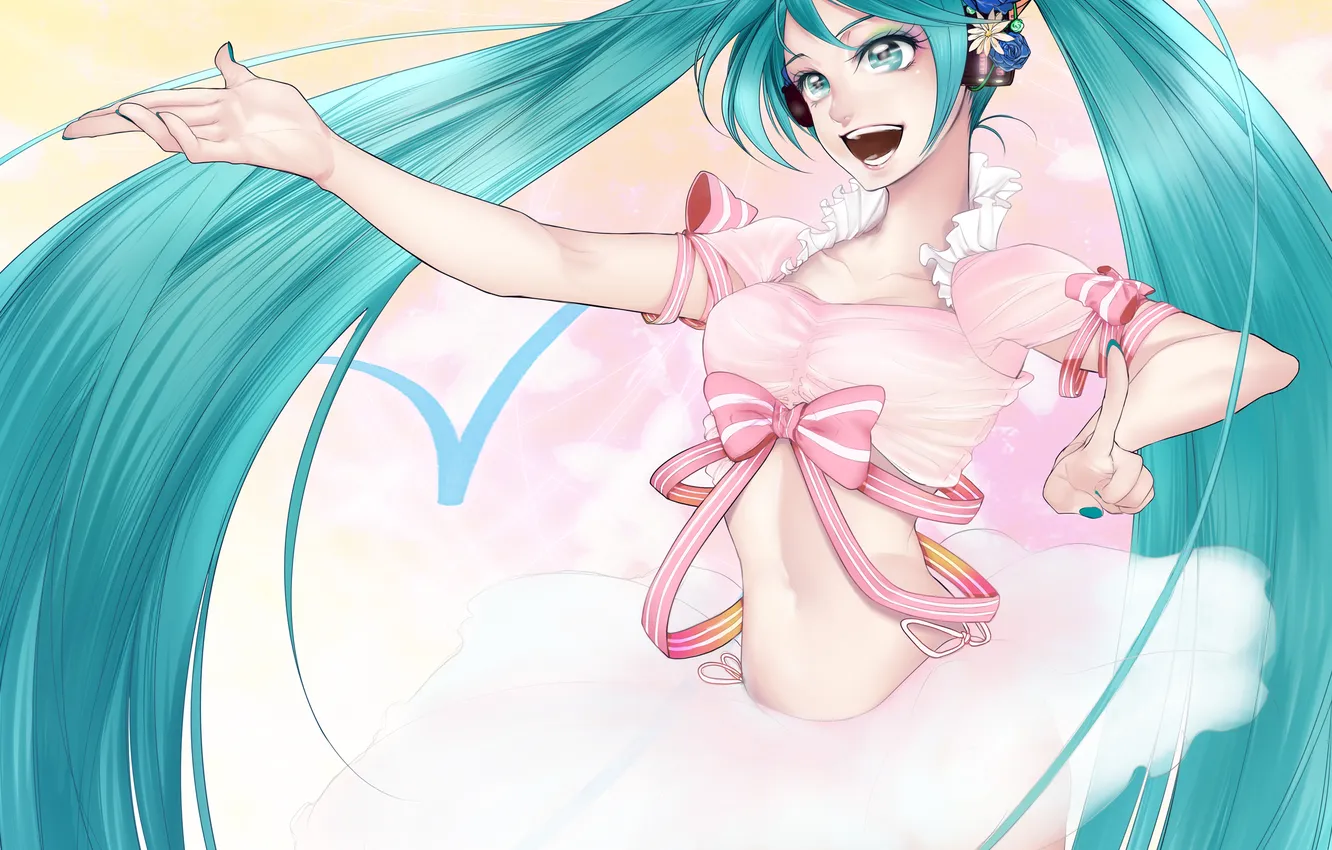 Photo wallpaper girl, flowers, smile, headphones, art, tape, hearts, vocaloid