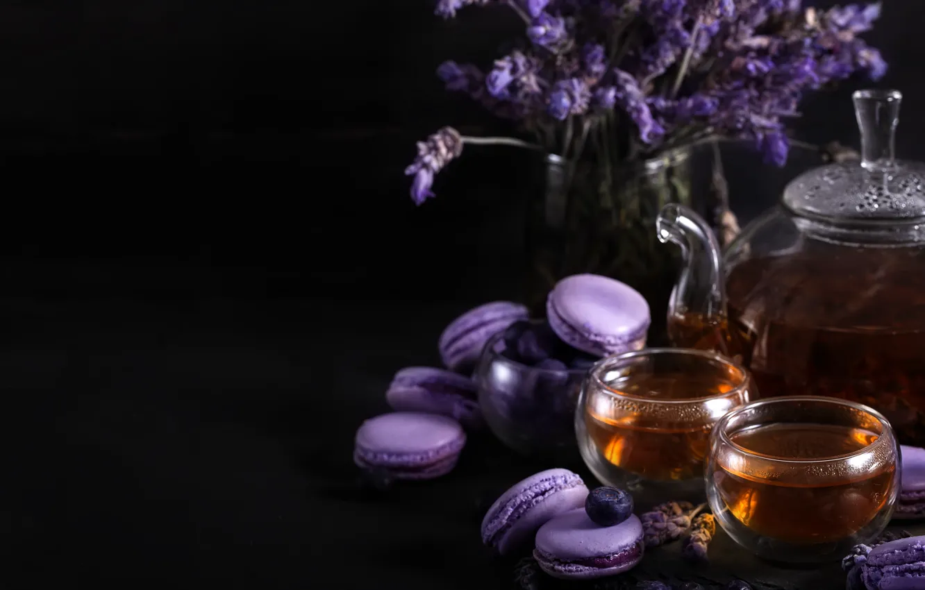 Photo wallpaper berries, tea, kettle, lavender, macaroon