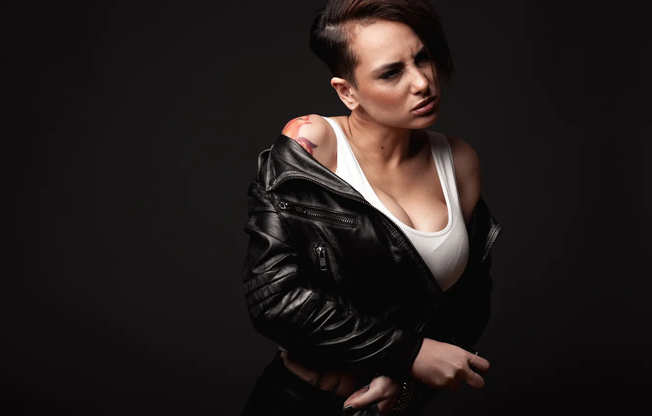 Photo wallpaper Nikita Chursin, tattoos, pose, brunette, leather