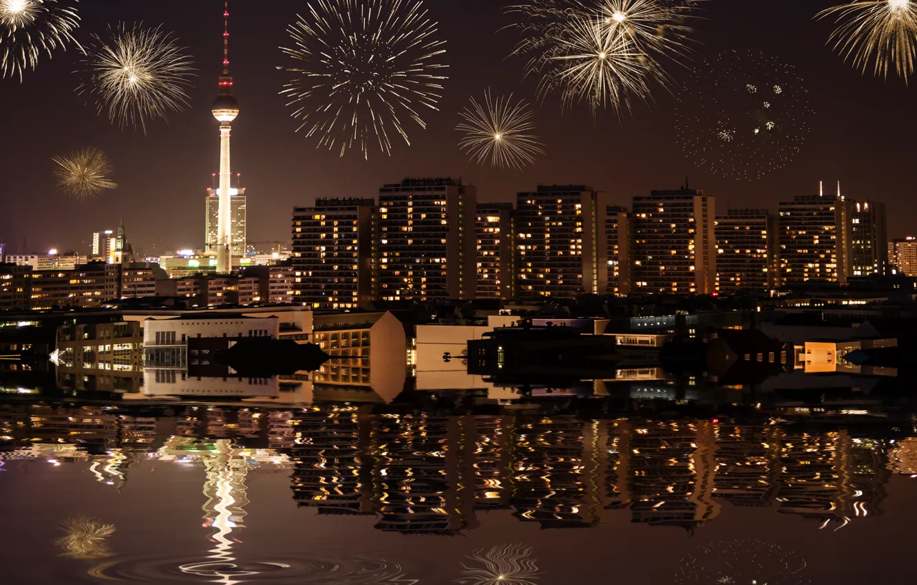 Photo wallpaper city, the city, lights, lights, building, Germany, fireworks, midnight