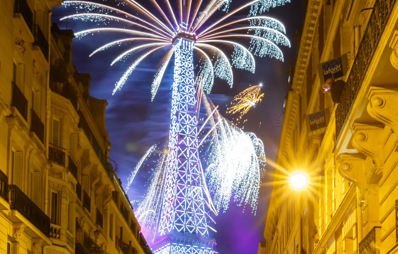 Photo wallpaper street, France, Paris, tower, home, salute, fireworks, The Bastille day