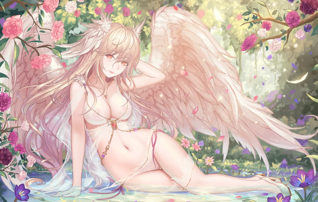 Photo wallpaper girl, flowers, angel