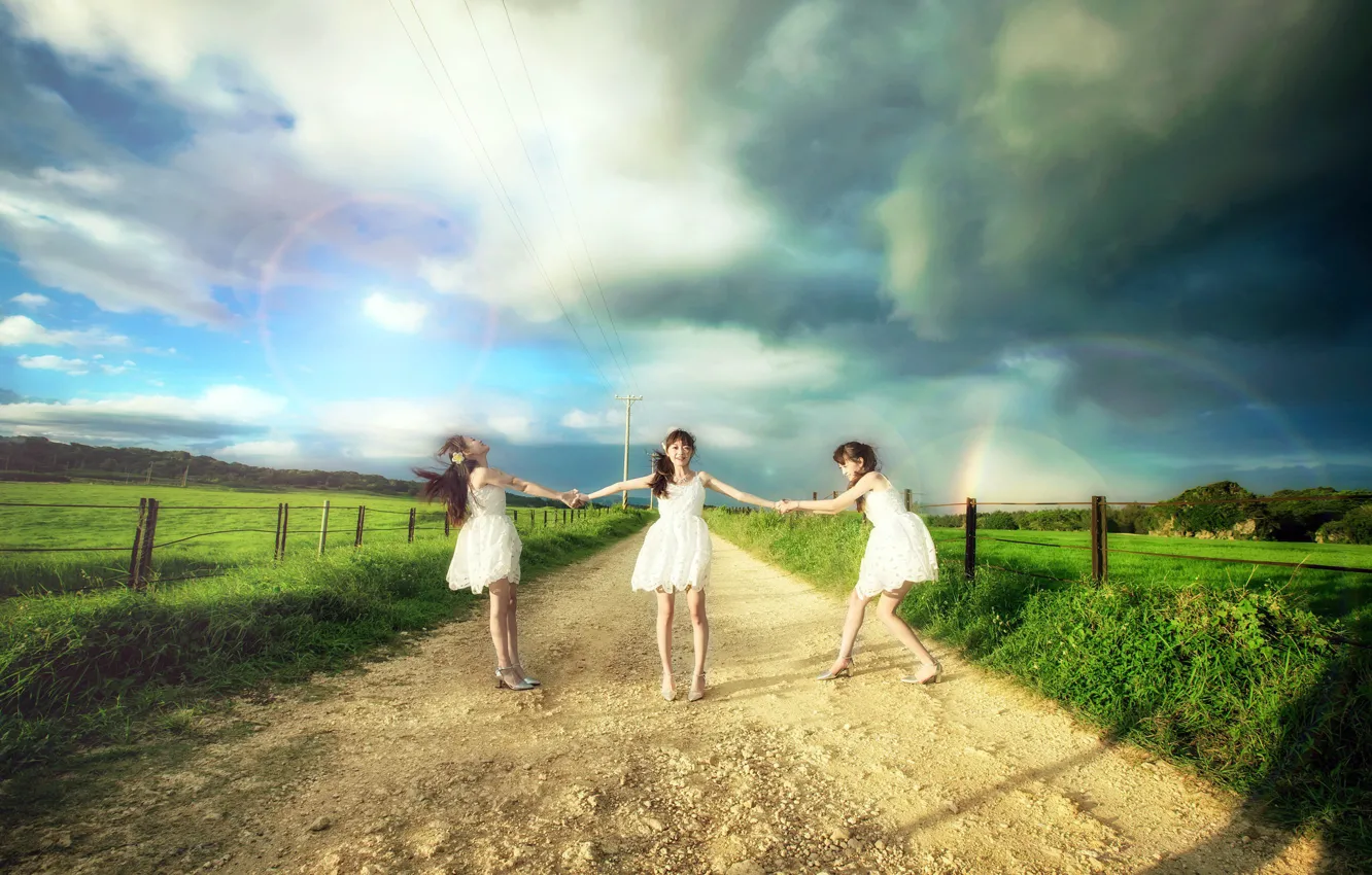 Photo wallpaper road, summer, girls, mood, rainbow