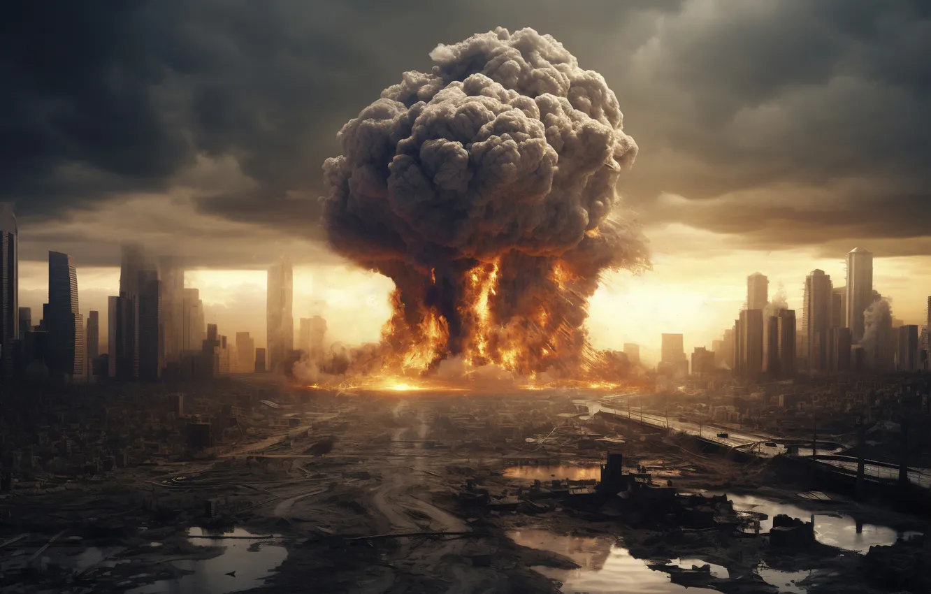 Photo wallpaper clouds, the explosion, the city, mushrooms, morning, destruction, a nuclear explosion, digital art