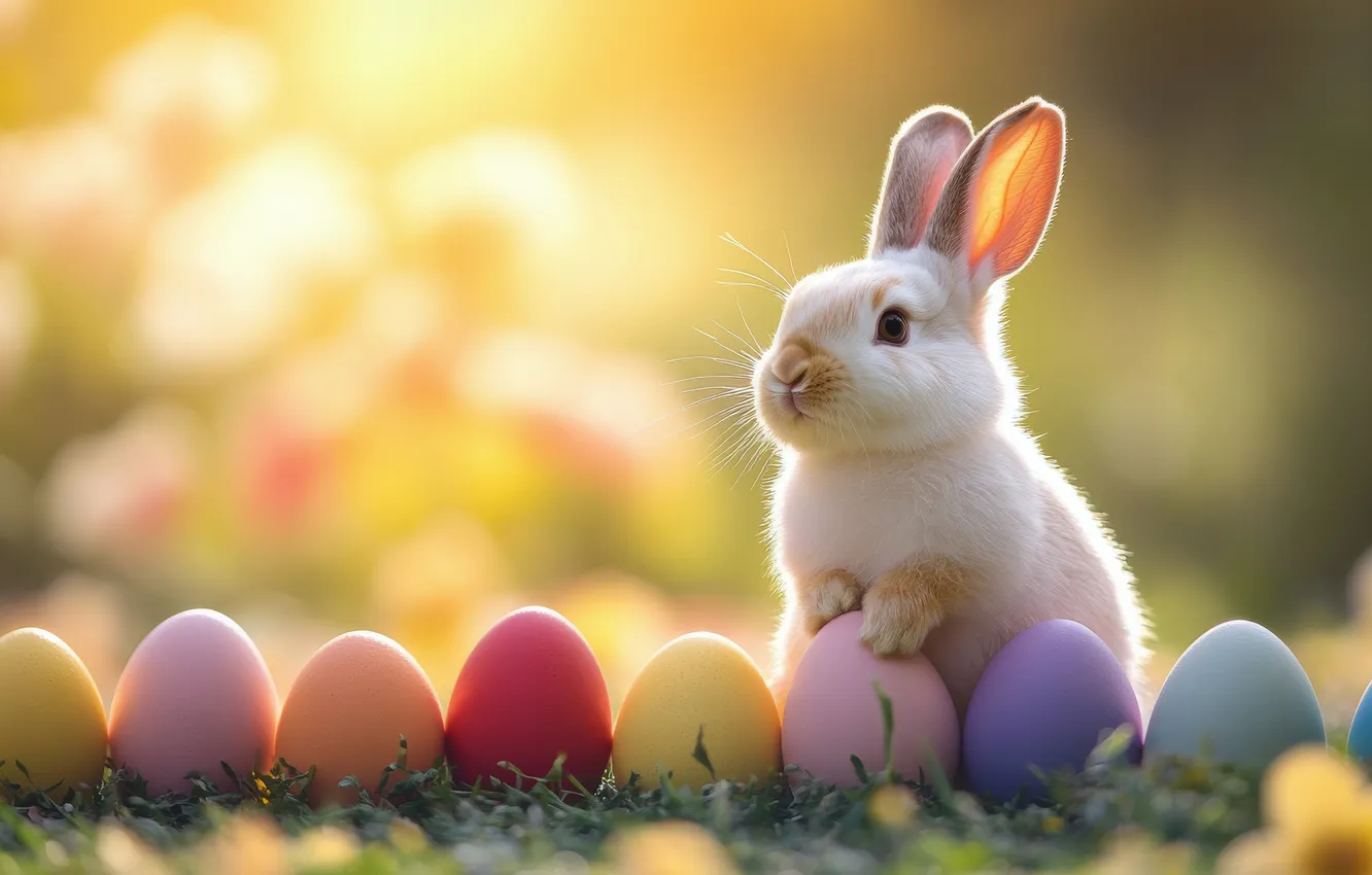 Photo wallpaper white, light, holiday, glade, eggs, spring, rabbit, Easter