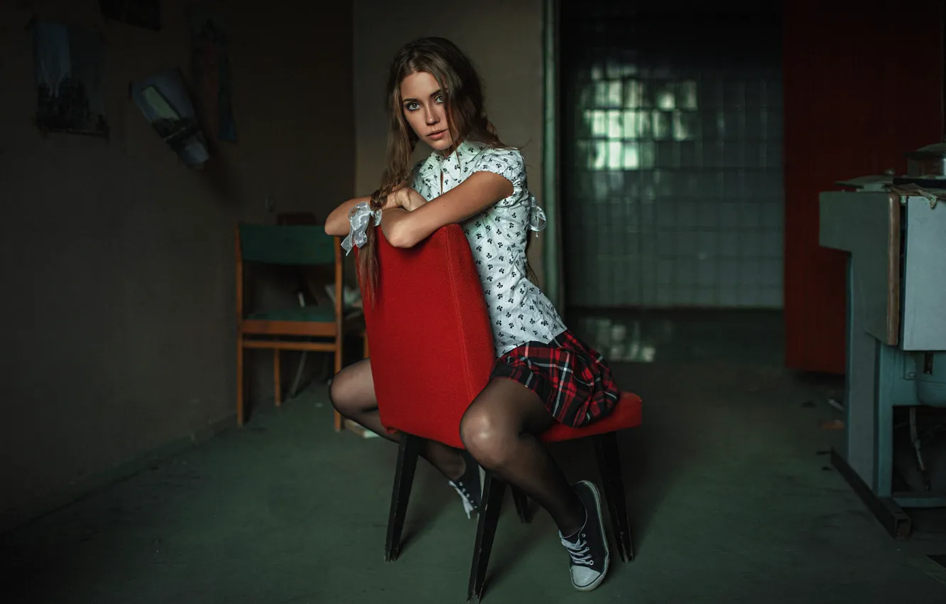 Photo wallpaper Girl, Look, Model, Hair, Braids, Chair, Skirt, Kseniya Kokoreva