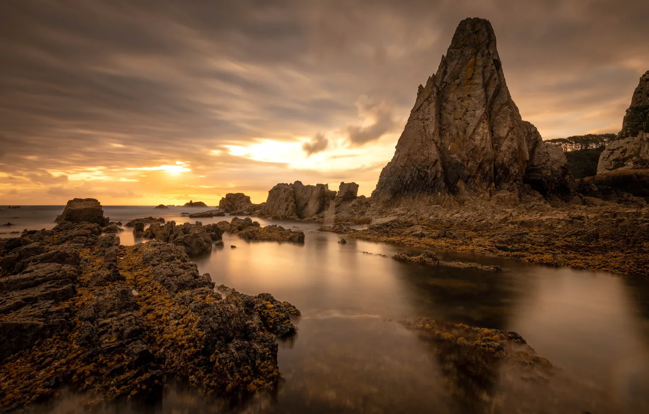 Photo wallpaper sea, the sky, clouds, sunset, stones, rocks, shore
