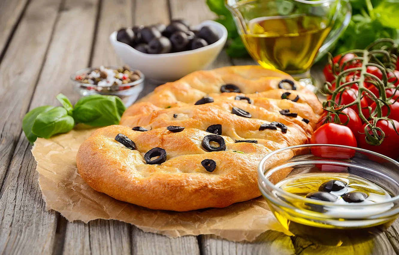 Photo wallpaper oil, pie, tomatoes, olives