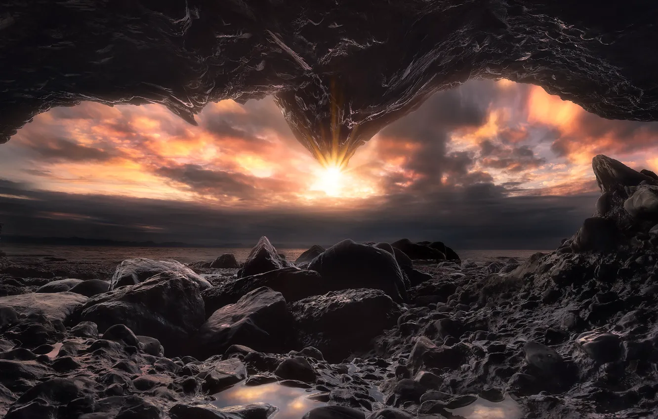 Photo wallpaper sea, the sun, light, nature, rocks